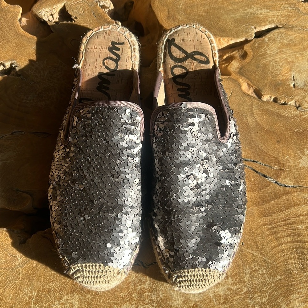 Sam Edelman Kerry Pewter Sequin Espadrille Rope Mules Size 9.5
